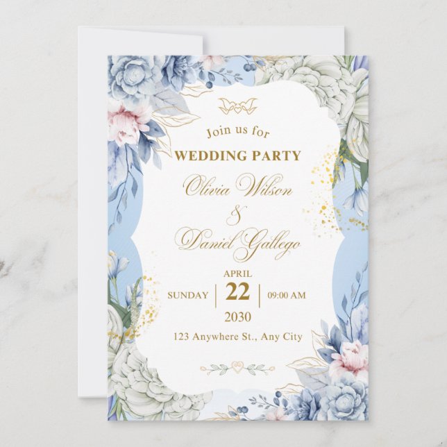 Invitación Blue Floral Wedding Invitation Elegant Romantic  (Anverso)
