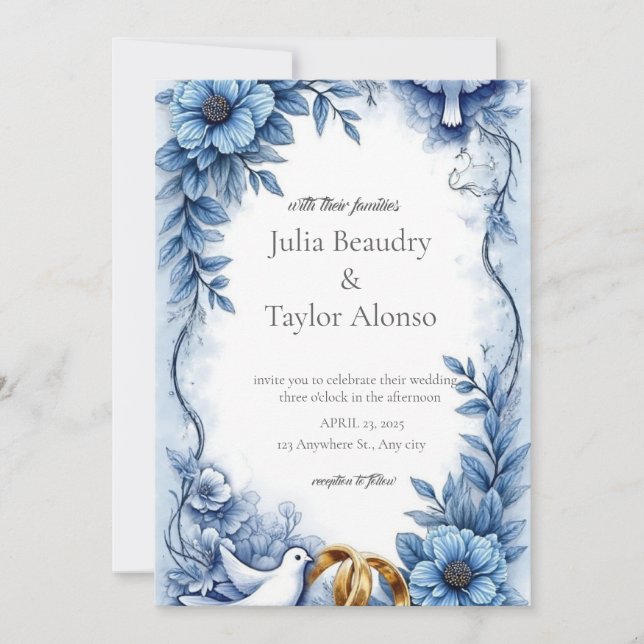 Invitación Blue Floral Wedding Invitation with White Dove | E (Anverso)