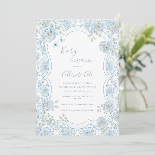 Invitación Blue Floral Whimsical Baby Shower  (Anverso de pie)
