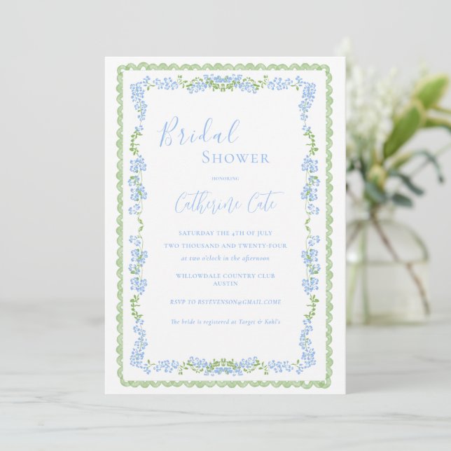 Invitación Blue Floral Whimsical Bridal Shower (Anverso de pie)