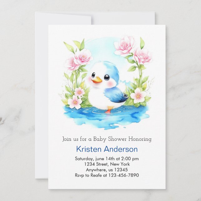 Invitación Blue Floral Whimsical Duck Boy Baby Shower (Anverso)