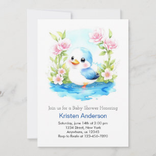Invitación Blue Floral Whimsical Duck Boy Baby Shower