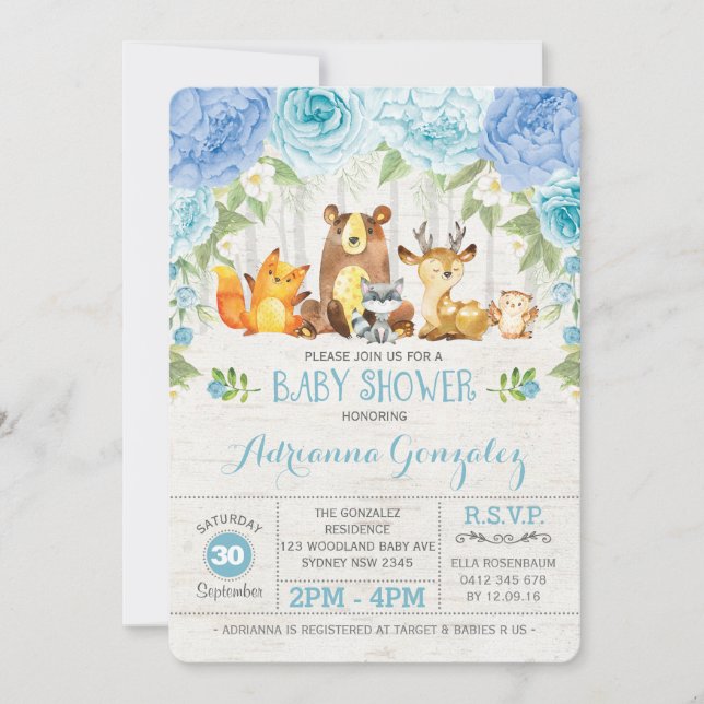Invitación Blue Floral Woodland Animals Boy Baby Shower (Anverso)