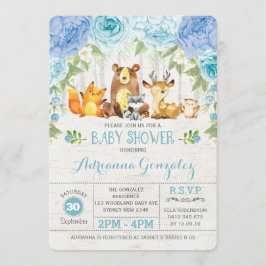 Invitación Blue Floral Woodland Animals Boy Baby Shower