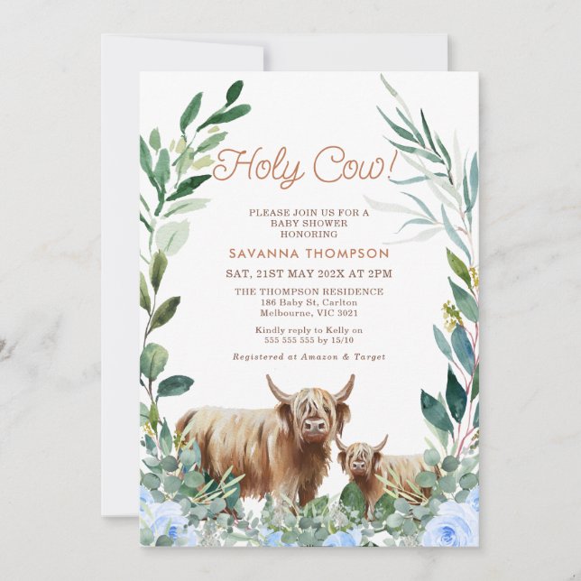 Invitación Blue Floral Wreath Highland Cow Baby Shower (Anverso)