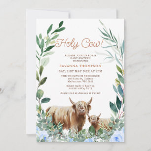Invitación Blue Floral Wreath Highland Cow Baby Shower