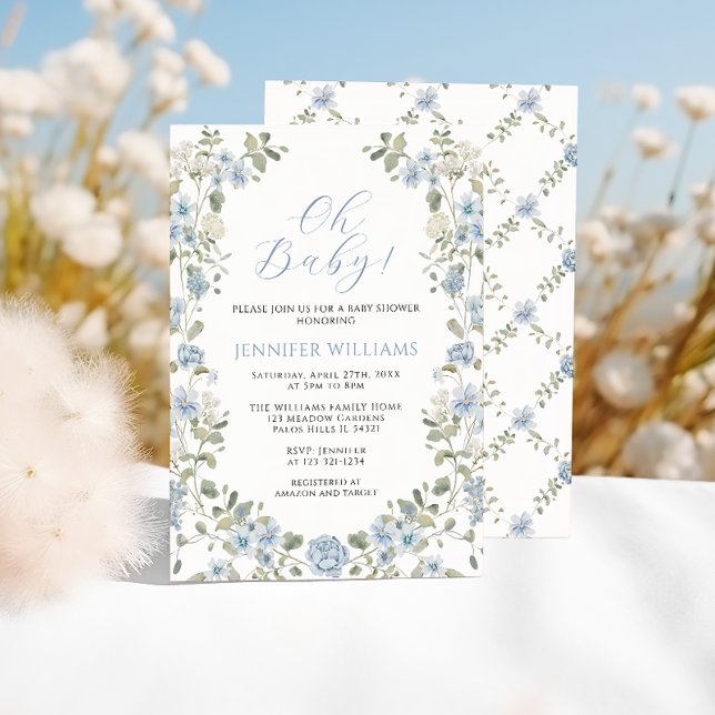 Invitación Blue Flour Wreath Spring Summer Baby Boy Shower (Subido por el creador)