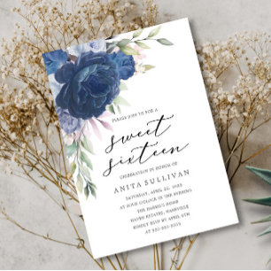 Invitación Blue Flower Bouquet Sweet 16 cumpleaños