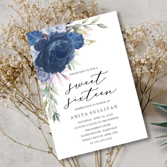 Invitación Blue Flower Bouquet Sweet 16 cumpleaños (Subido por el creador)