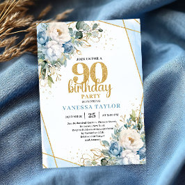 Invitación Blue Flower Gold Accent 90th Birthday Party Invite