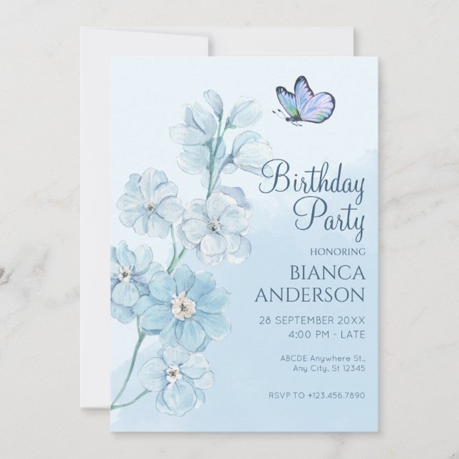 Invitación Blue Flower mariposa acuarela Cumpleaños (Anverso)