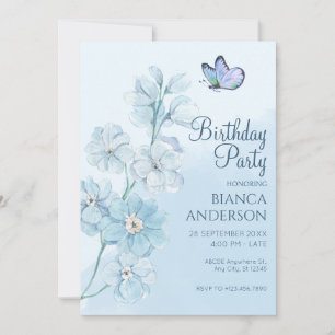 Invitación Blue Flower mariposa acuarela Cumpleaños