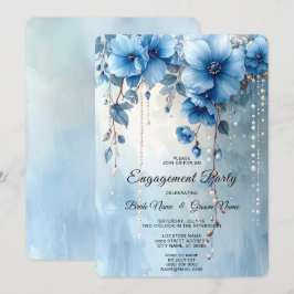 Invitación Blue Flowers and Pearls Engagement Invitation