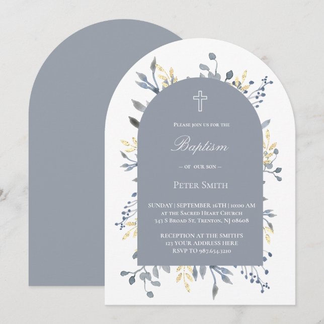 Invitación blue foliage Baptism  (Anverso / Reverso)