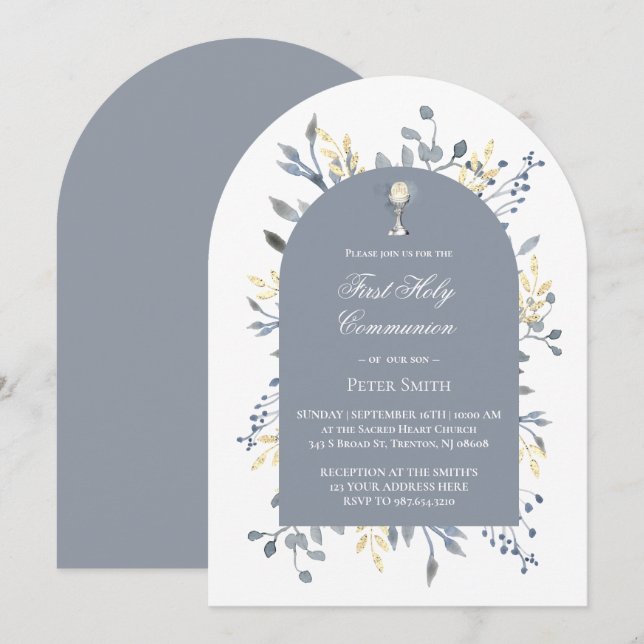 Invitación  blue foliage First Holy Communion  (Anverso / Reverso)
