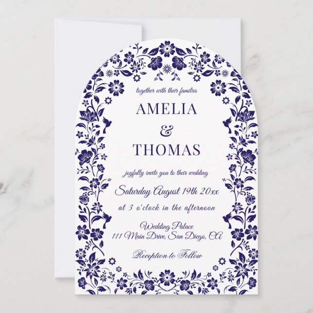 Invitación Blue Folk Art Floral Wedding  (Anverso)