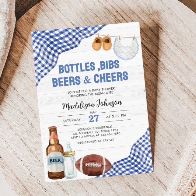Invitación Blue Football Baby Shower (Bottles, Bibs, Beers & Cheers Baby Shower Invitation)
