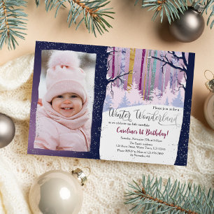 Invitación Blue Forest Winter Wonderland Chicas foto de cumpl