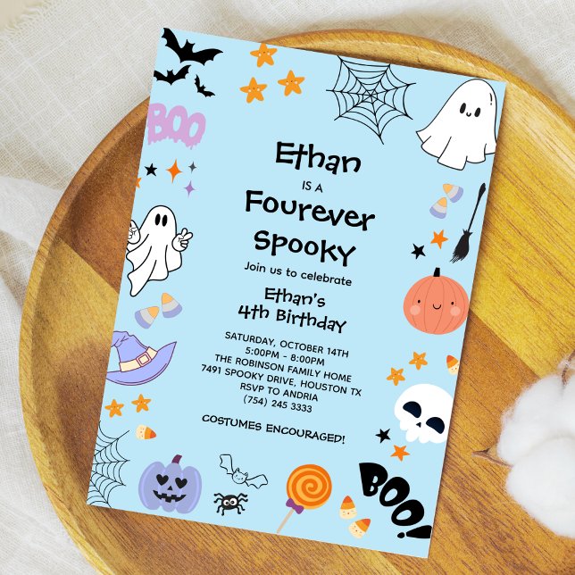 Invitación Blue Four Ever Spooky Ghost Halloween 4º cumpleaño (Blue Four Ever Spooky Cute Ghost Boy Halloween 4th Birthday Invitation )