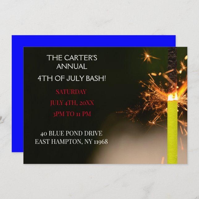 Invitación Blue Fourth July Independence Day Sparkler (Anverso / Reverso)