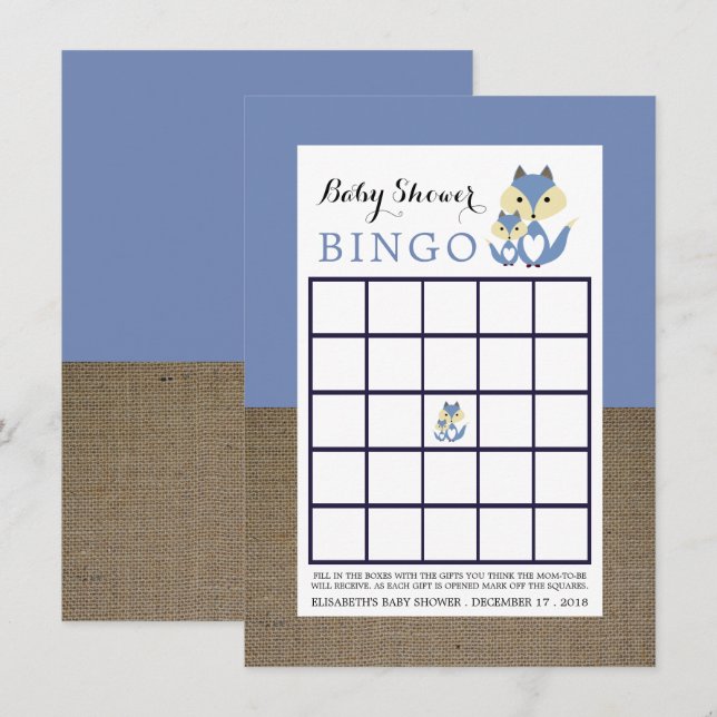 Invitación Blue Fox Burlap Baby Shower Bingo (Anverso / Reverso)