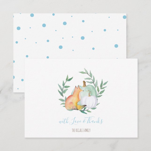 Invitación Blue Fox Pumpkin Woodland Gracias (Anverso / Reverso)