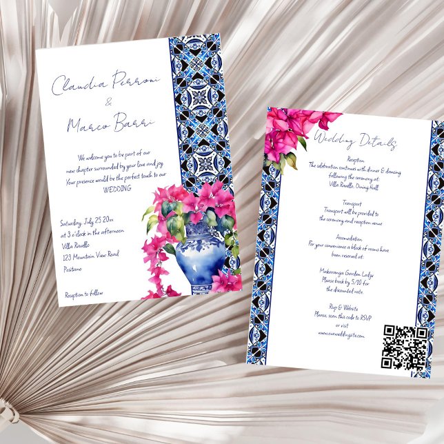 Invitación Blue French Tiles Bougainvillea boda elegante (Blue French Mediterranean Tiles Bougainvillea elegant all in one wedding Invitation template digital)