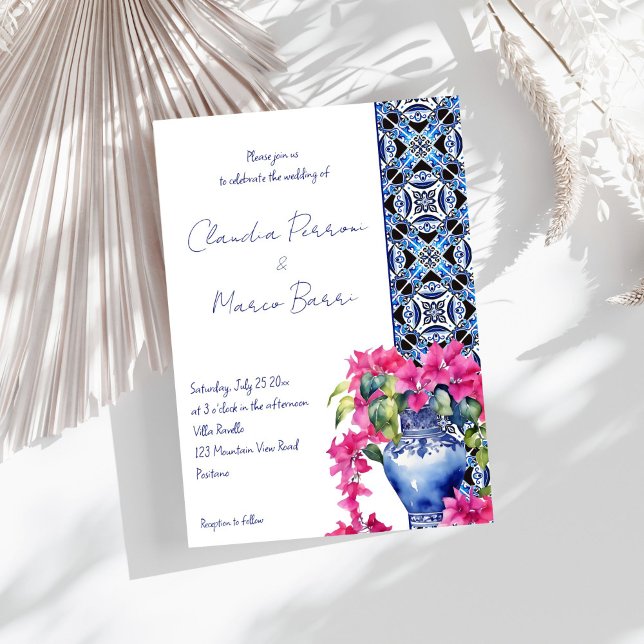 Invitación Blue French Tiles Bougainvillea boda elegante (Blue French Azulejo Talavera Tiles Bougainvillea in ceramic vase elegant wedding Invitation template)