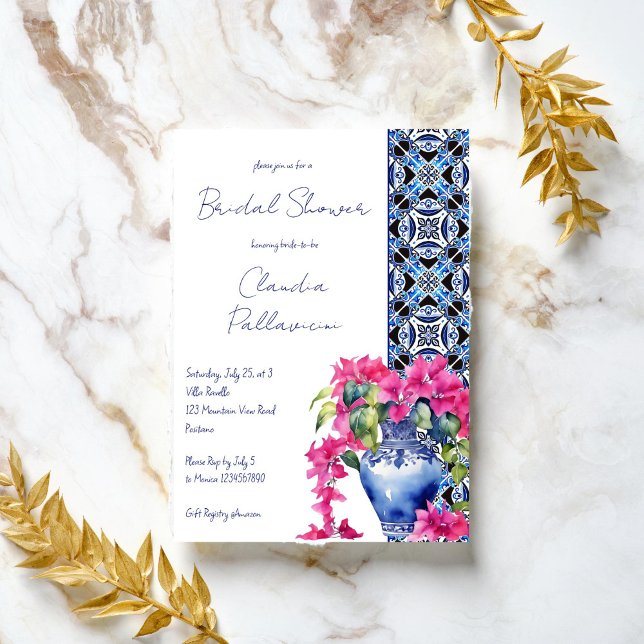 Invitación Blue French Tiles Bougainvillea novia ducha (Blue French Mediterranean Tiles Bougainvillea ceramic vase bridal shower Invitation template digital)