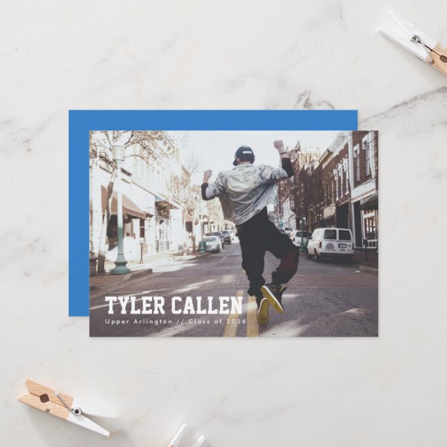 Invitación Blue Full Photo Grad Announcement (Anverso/Reverso In Situ)