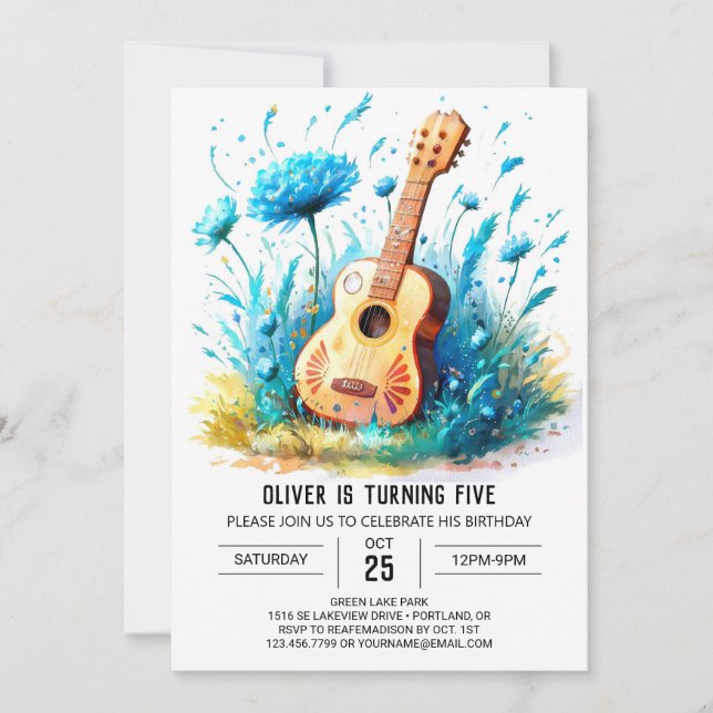 Invitación Blue Fun Guitar Boy Cumpleaños (Anverso)