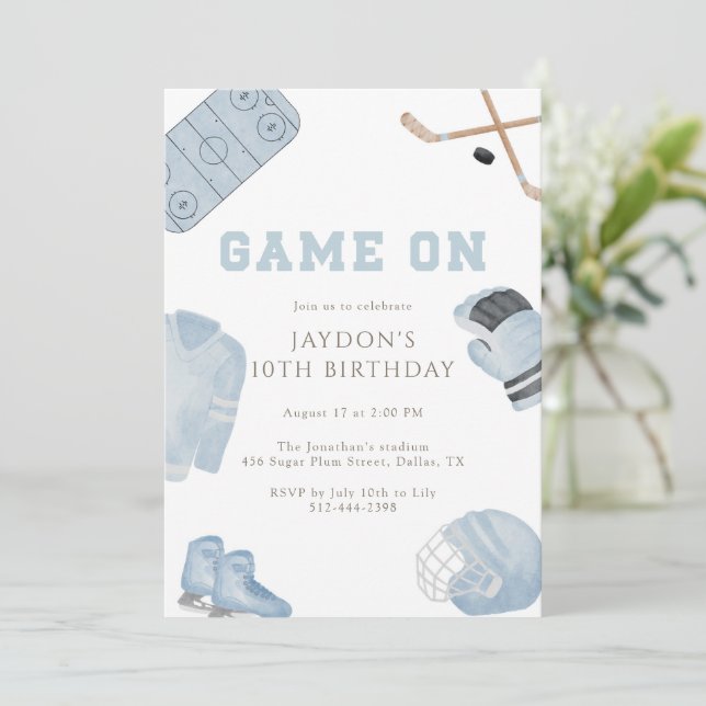 Invitación Blue Game On Hockey Birthday Party Kids Sports  (Anverso de pie)