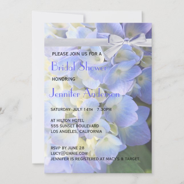 Invitación ©Blue Garden Hydrangeas Ribbon Bribon Shower (Anverso)