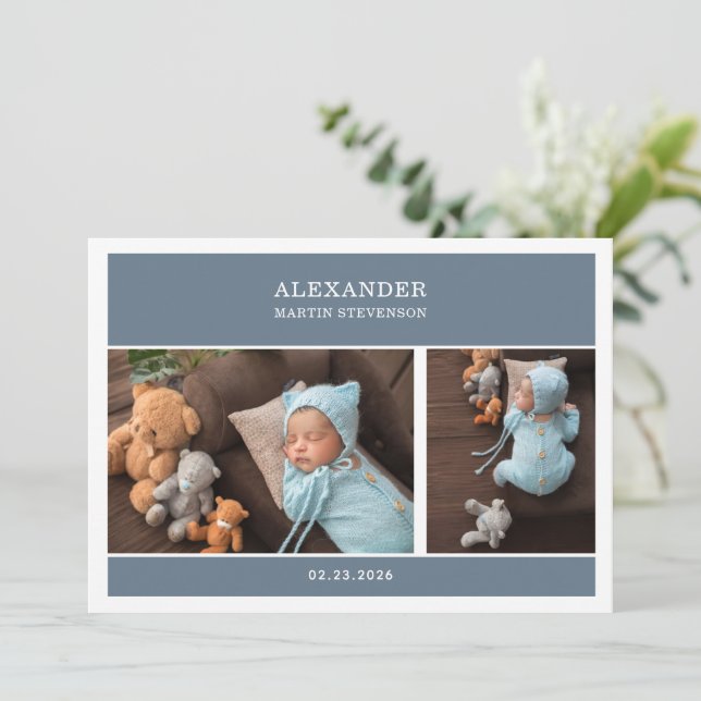 Invitación Blue Gender Neutral Photo Baby Announcement Card (Anverso de pie)