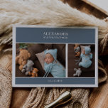 Invitación Blue Gender Neutral Photo Baby Announcement Card<br><div class="desc">Welcome your precious little one to the world in style with this blue gender neutral photo baby announcement card. The design features clean slate blue rectangles for names and birthdate, baby portraits as placeholders, and a elegant font in white. Whether you’re welcoming a baby girl or baby boy, this design...</div>