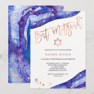 Invitación Blue Geode y Faux Rosa Gold Bat Mitzvah