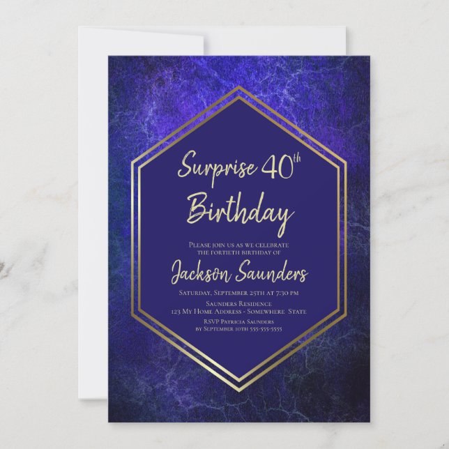 Invitación Blue Geometric Surprise 40.ª Fiesta de Cumpleaños (Anverso)