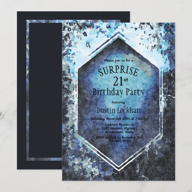 Invitación Blue Geometric Watercolor Surprise 21º cumpleaños (Anverso / Reverso)