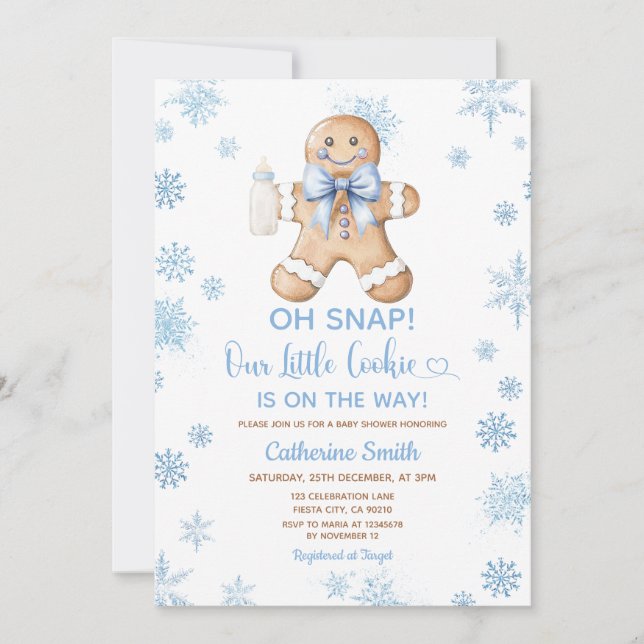 Invitación Blue Gingerbread Christmas Baby Shower Snowflakes (Anverso)