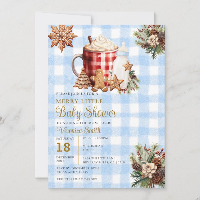 Invitación Blue Gingham A Merry Little Baby Shower  (Anverso)