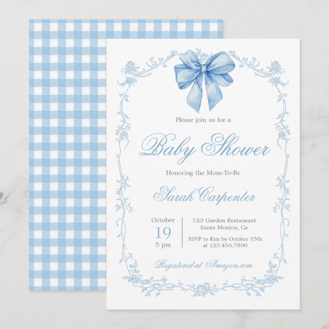 Invitación Blue Gingham and Bow Baby Shower Boy (Anverso / Reverso)