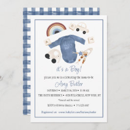 Invitación Blue Gingham and Toys Baby Boy Shower Invitation