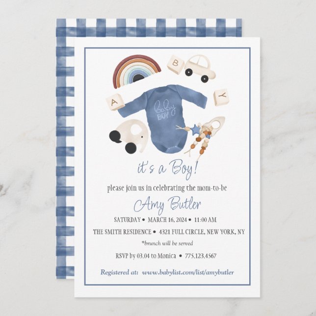 Invitación Blue Gingham and Toys Baby Boy Shower Invitation (Anverso / Reverso)