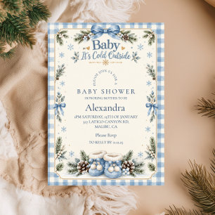 Invitación Blue Gingham Baby Está Frío Afuera