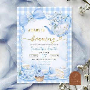Invitación Blue Gingham Baby está preparando la fiesta de rev