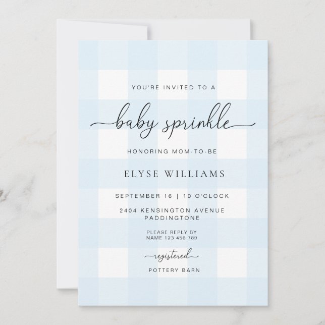 Invitación Blue Gingham Baby Sprinkle (Anverso)