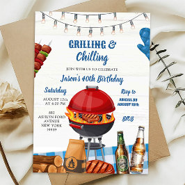 Invitación Blue Gingham Backyard Barbecue Birthday