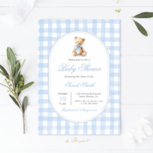 Invitación Blue Gingham Bear Baby Shower Boy