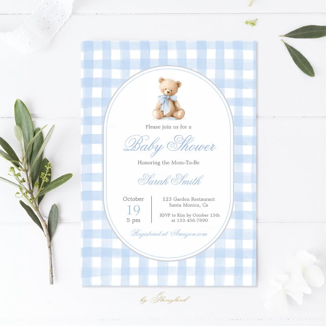 Invitación Blue Gingham Bear Baby Shower Boy (Subido por el creador)