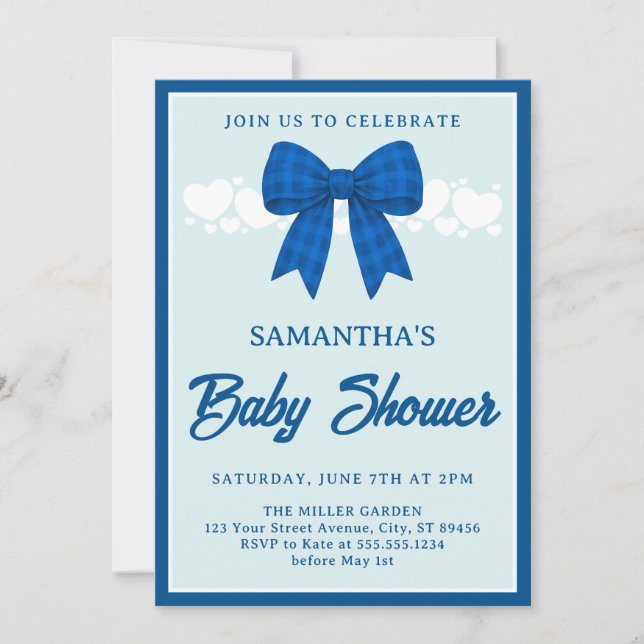 Invitación Blue Gingham Bow Boy Baby Shower Invitation (Anverso)